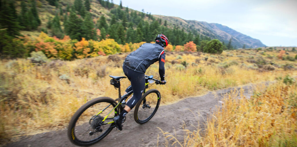 action shot of mountain biker with autumn colors in background